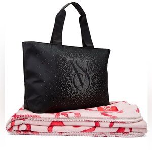 BRAND NEW VS Shine Tote Bag + Cozy Blanket Bundle | Black Diamante/Bow Print
